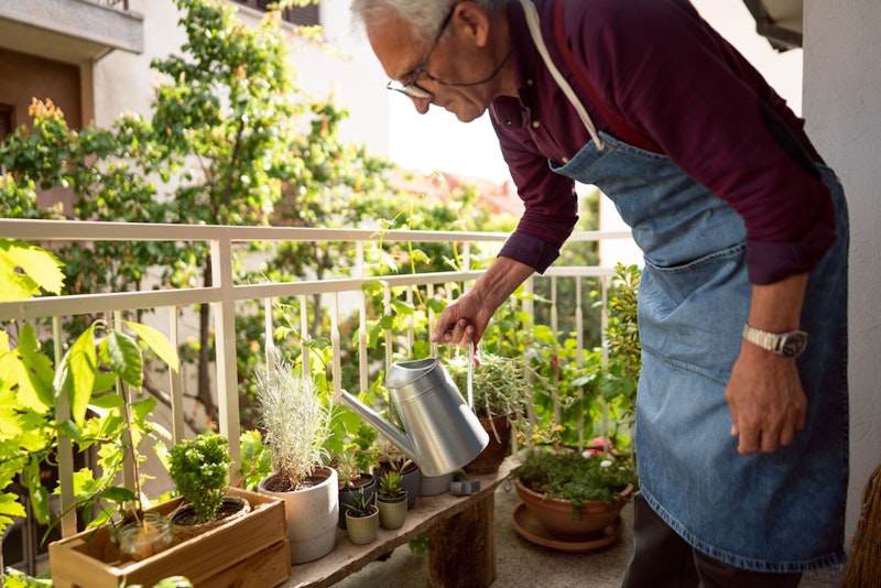 Ein Senior wässert Pflanzen auf dem Balkon. 